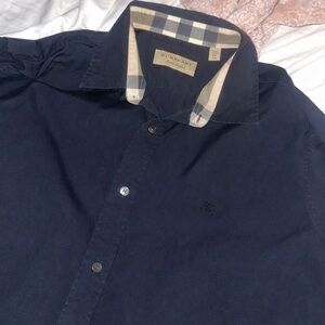 Burberry Navy Button-Down Shirt with Check Collar Trim